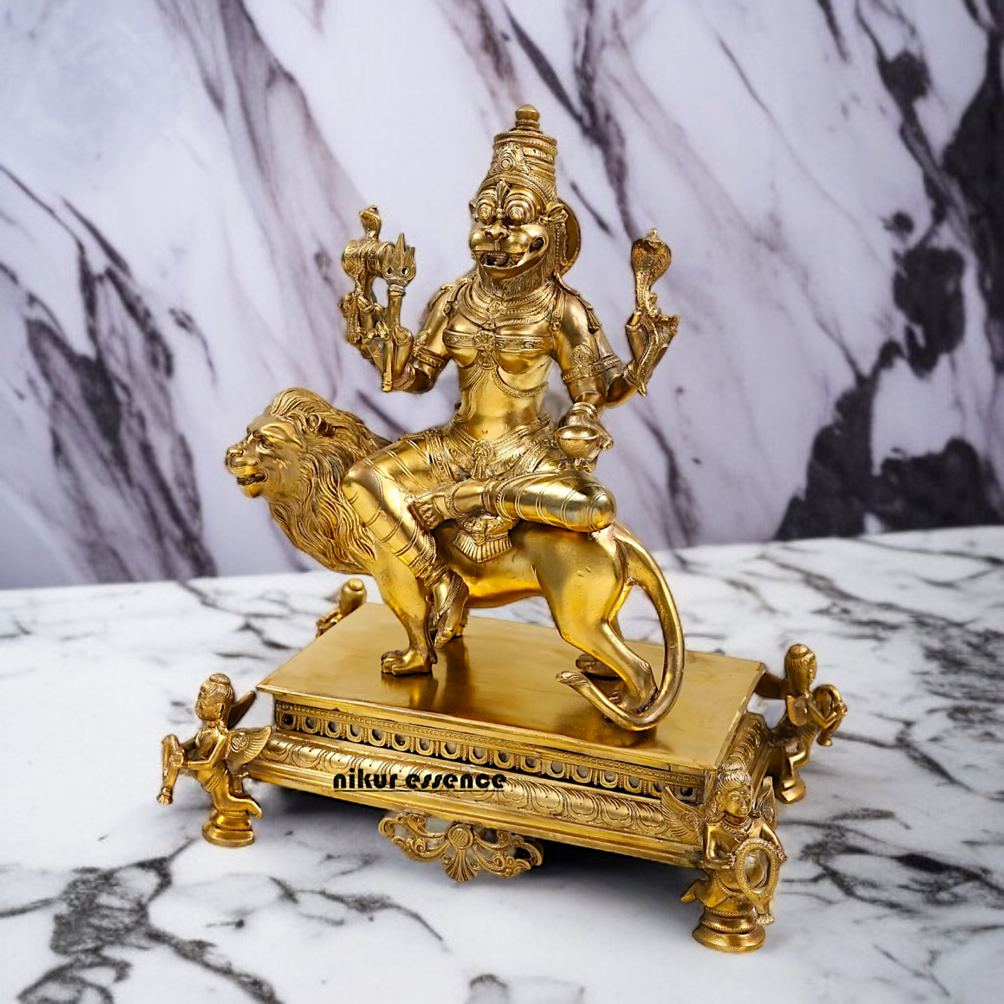 Goddess Pratyangira Devi seated on lion Panchaloha statue - 15 Inches Nikuressence