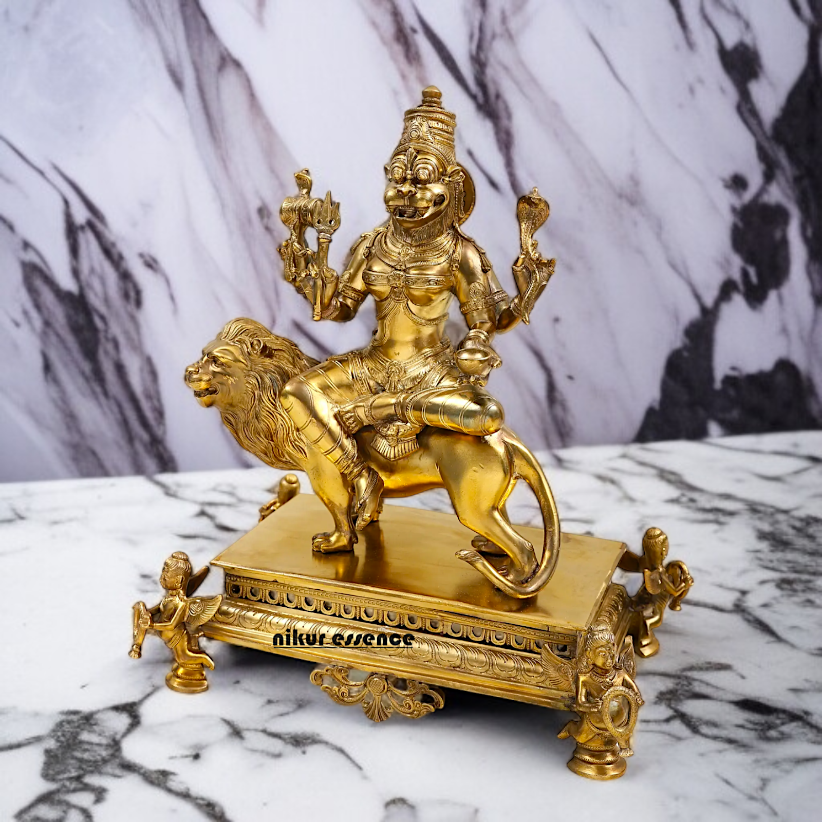 Goddess Pratyangira Devi seated on lion Panchaloha statue - 15 Inches Nikuressence