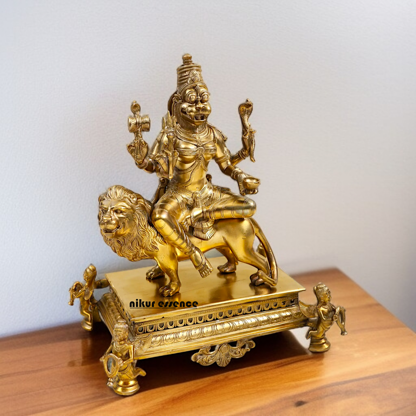 Goddess Pratyangira Devi seated on lion Panchaloha statue - 15 Inches Nikuressence