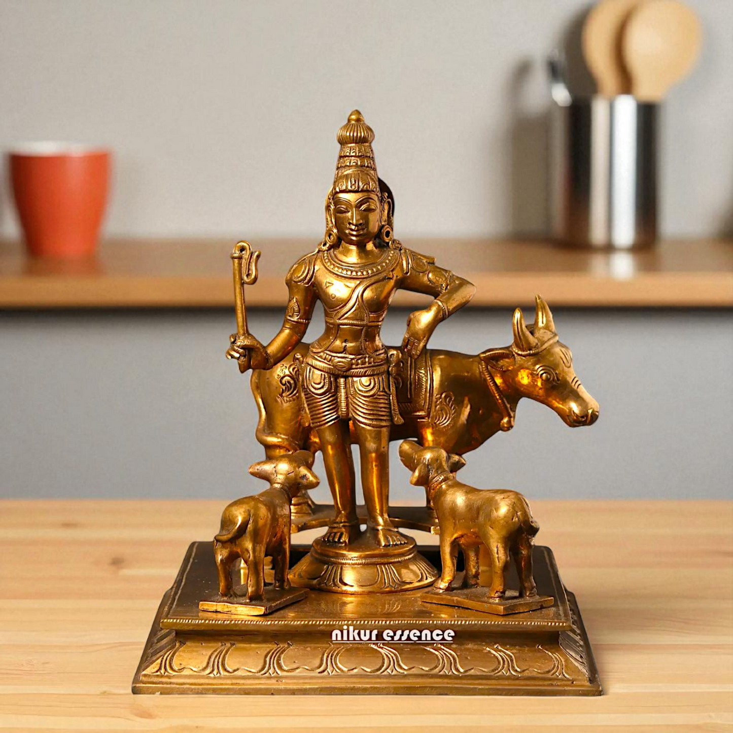 Rajagopalaswamy with cow and Calf Panchaloha statue - 8 Inches Nikuressence