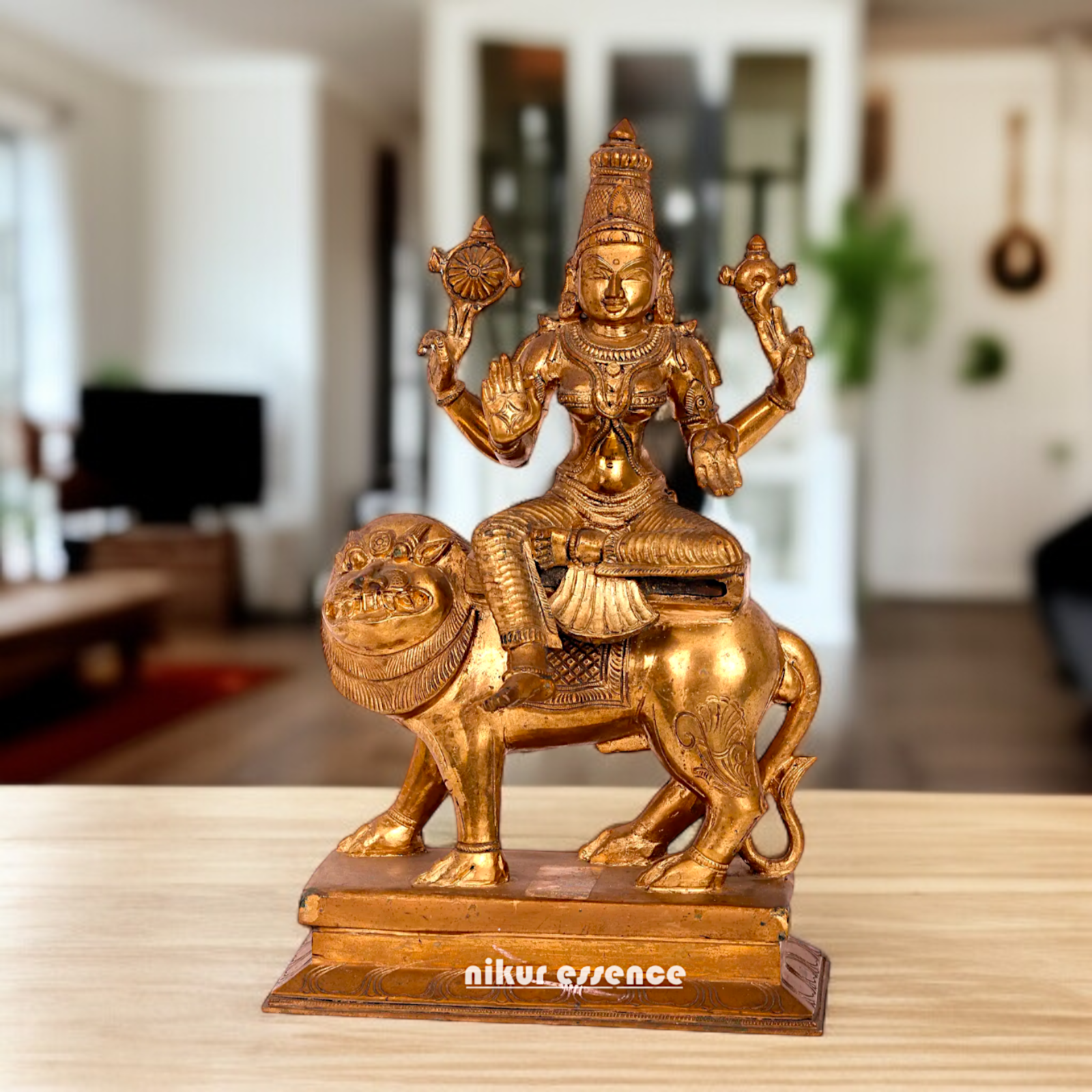 Goddess Devi Durga Maa seated on lion Panchaloha idol - 14 Inches Nikuressence