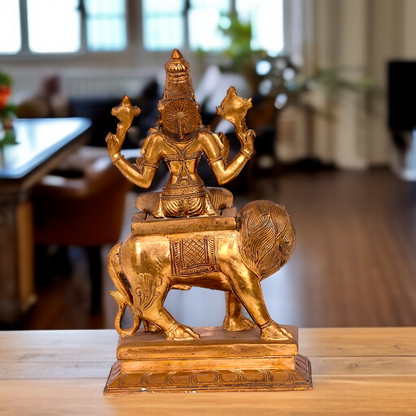 Goddess Devi Durga Maa seated on lion Panchaloha idol - 14 Inches Nikuressence