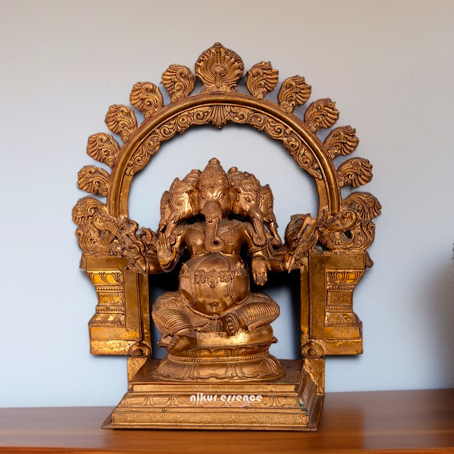 Panchaloha Panchmukhi Ganesha seated on throne idol - 17 Inches Nikuressence