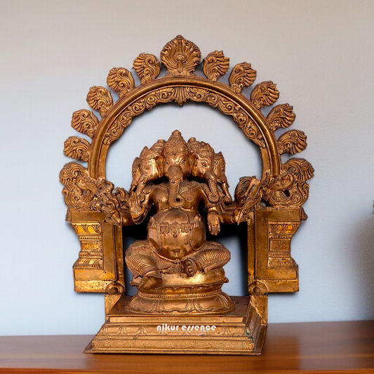 Panchaloha Panchmukhi Ganesha seated on throne idol - 17 Inches Nikuressence