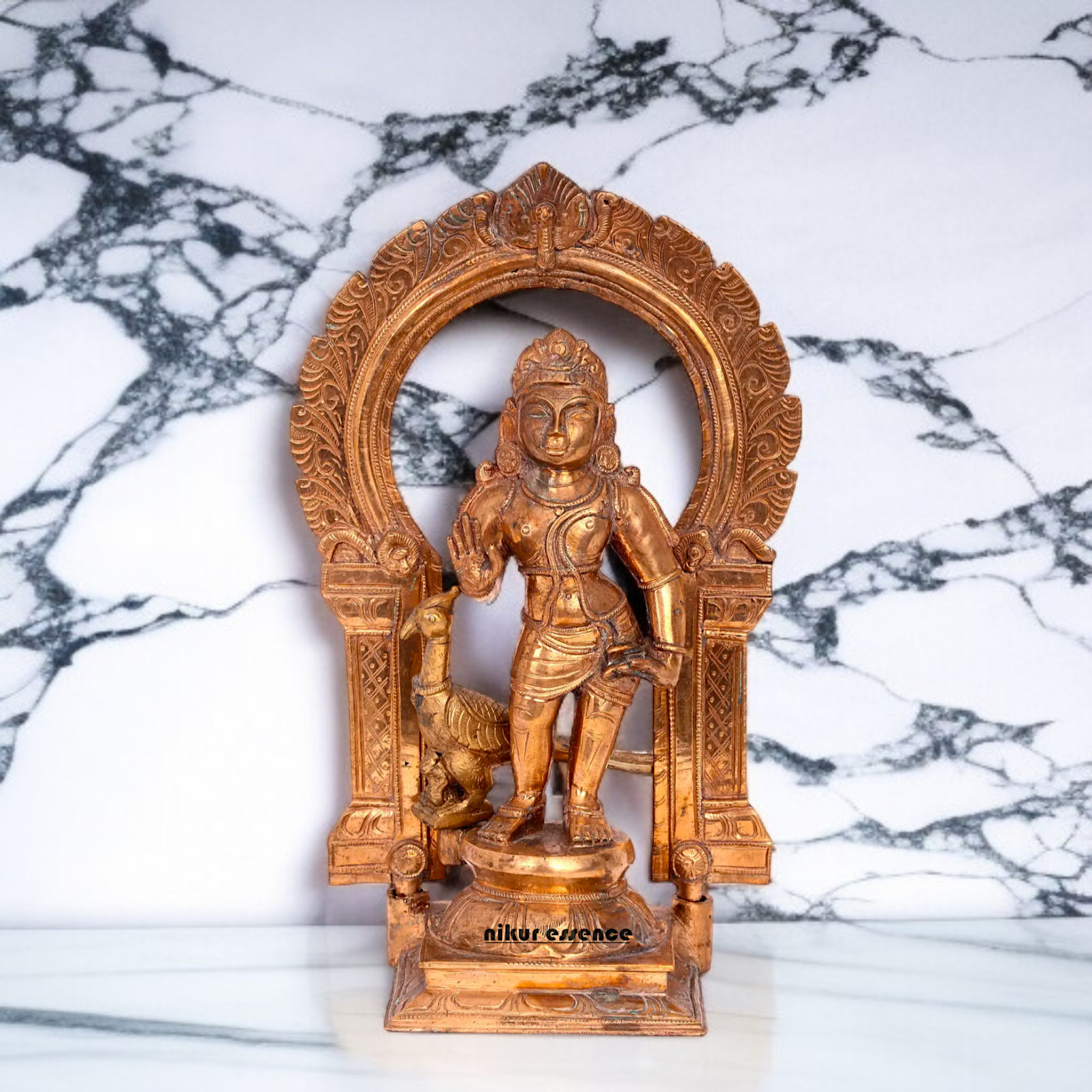 Panchaloha Bal Murugan Kartikeya standing with peacock idol - 11 Inches Nikuressence