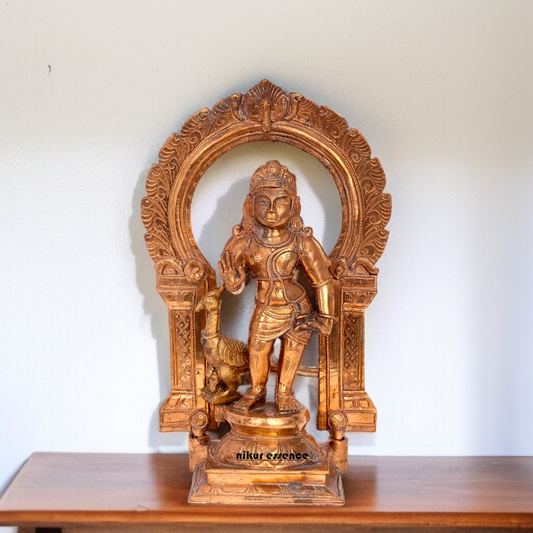 Panchaloha Bal Murugan Kartikeya standing with peacock idol - 11 Inches Nikuressence