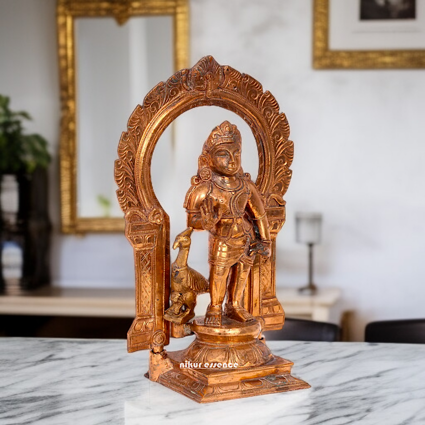 Panchaloha Bal Murugan Kartikeya standing with peacock idol - 11 Inches Nikuressence