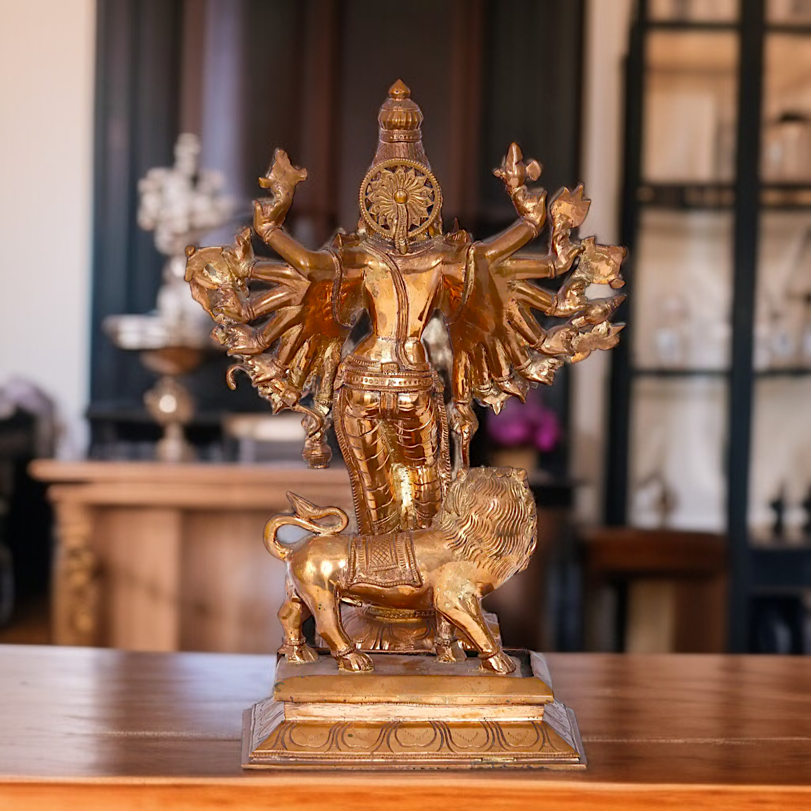 large Durga Devi standing with lion Panchaloha idol - 16 Inches Nikuressence