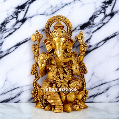 Solid Brass Ganesha Seated Brass statue - 12 inches Nikuressence