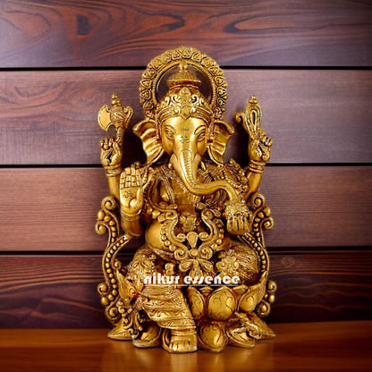 Solid Brass Ganesha Seated Brass statue - 12 inches Nikuressence