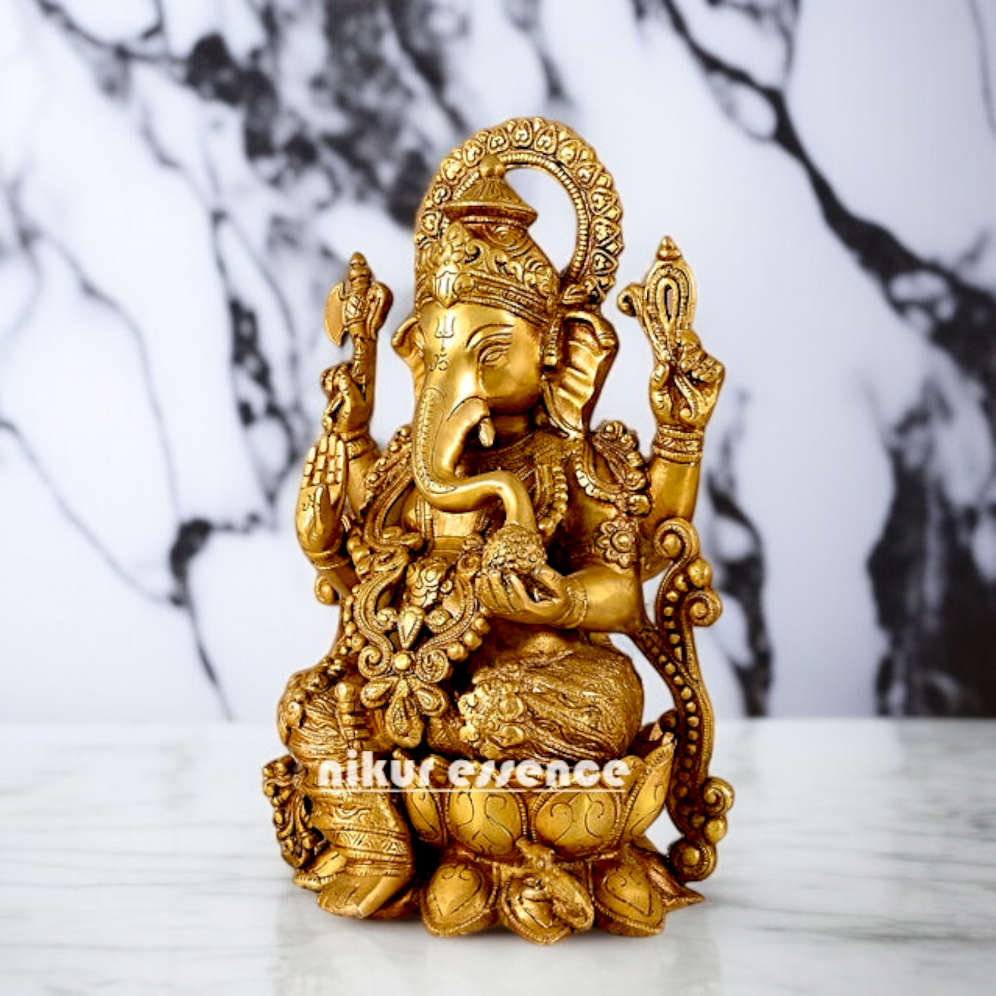 Solid Brass Ganesha Seated Brass statue - 12 inches Nikuressence