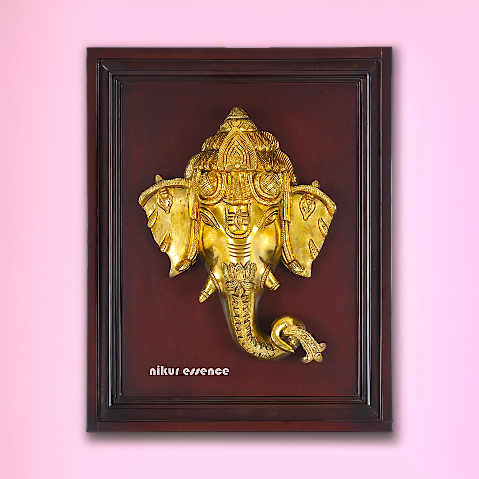 Ganesha Head Mask Lotus Brass wall Art Hanging on wood frame decor panel - 16 Inches Nikuressence