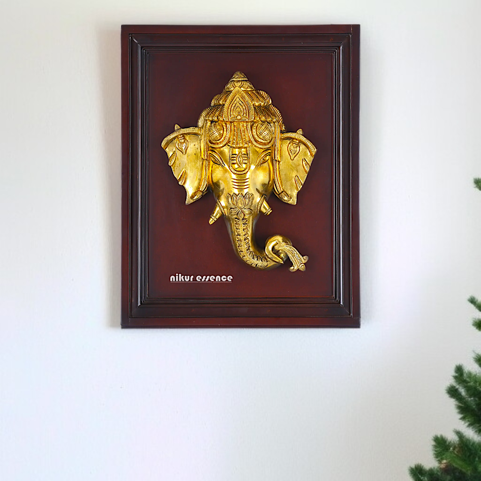 Ganesha Head Mask Lotus Brass wall Art Hanging on wood frame decor panel - 16 Inches Nikuressence