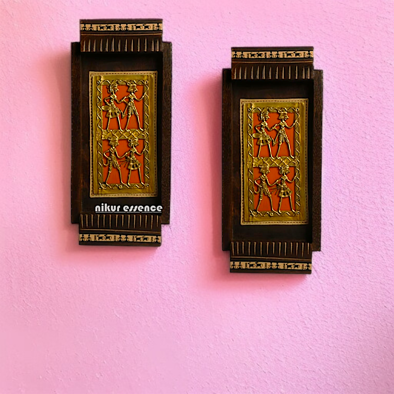Brass Pair Dhokra wall art hanging on Wood frame Panel - 11 Inches Nikuressence