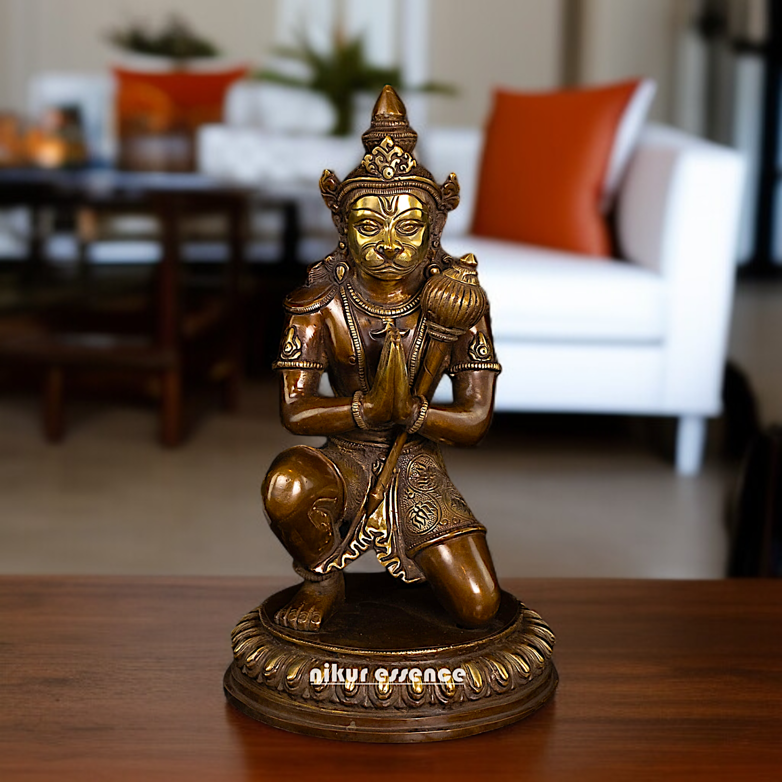 Brass Hanuman ji namaste with Gada Sitting statue - 14 Inches Nikuressence