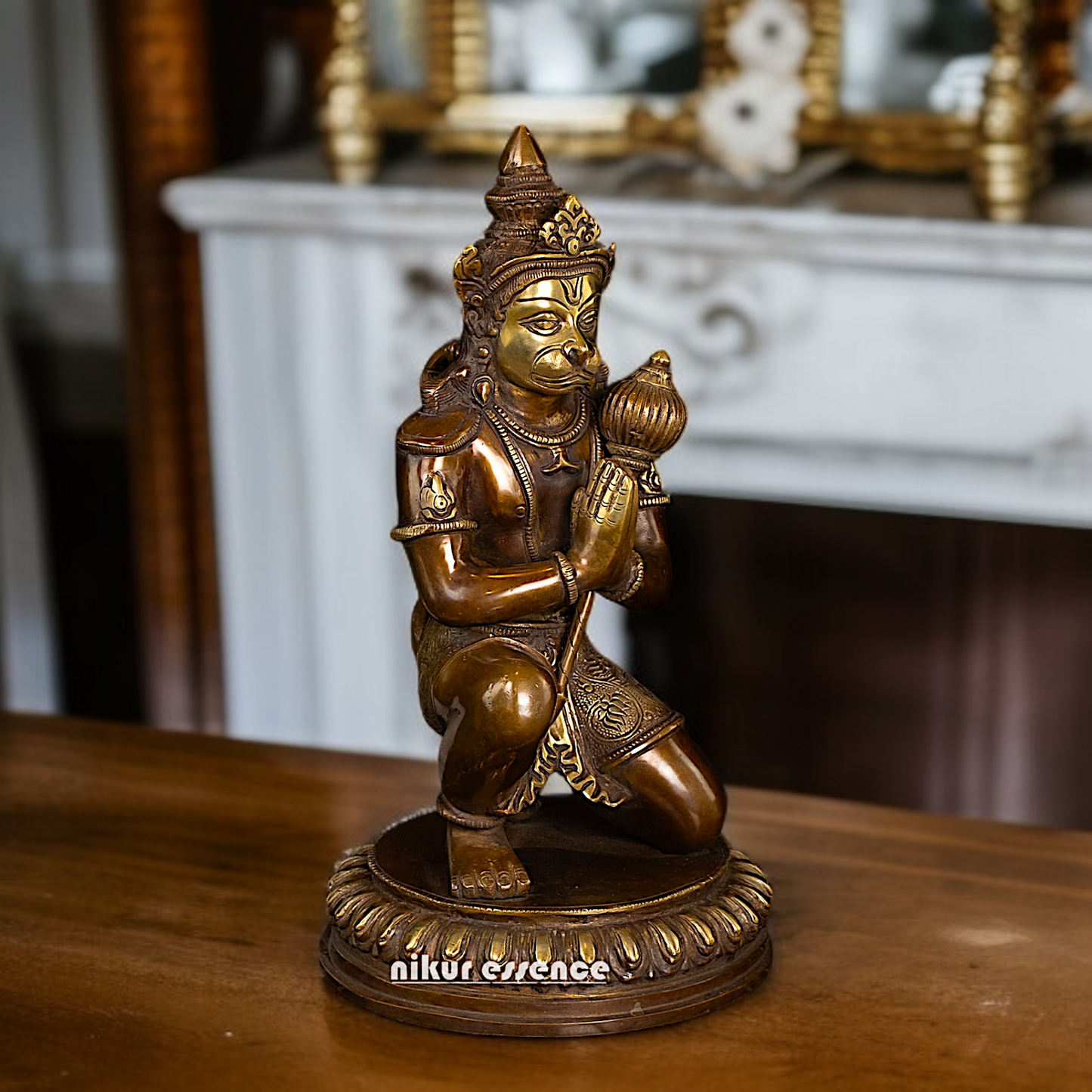 Brass Hanuman ji namaste with Gada Sitting statue - 14 Inches Nikuressence