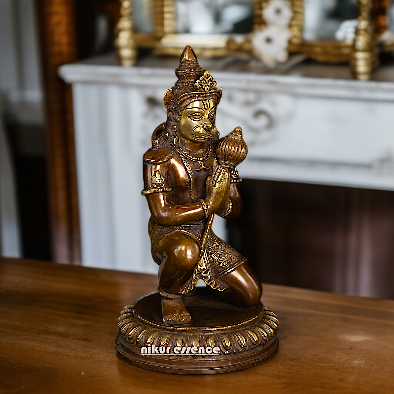 Brass Hanuman ji namaste with Gada Sitting statue - 14 Inches Nikuressence