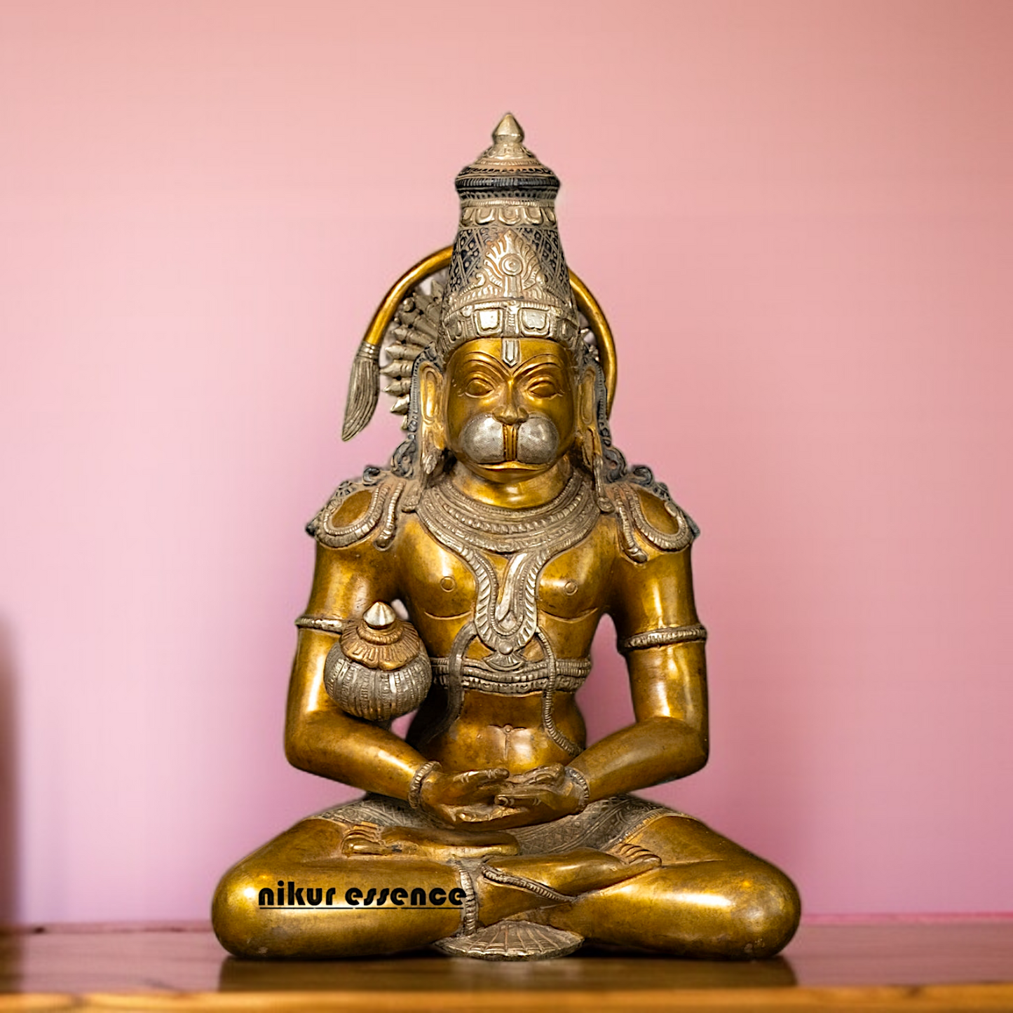 Pure Brass Hanuman Sitting with Dhyan mudra Gada statue - 13 Inches Nikuressence