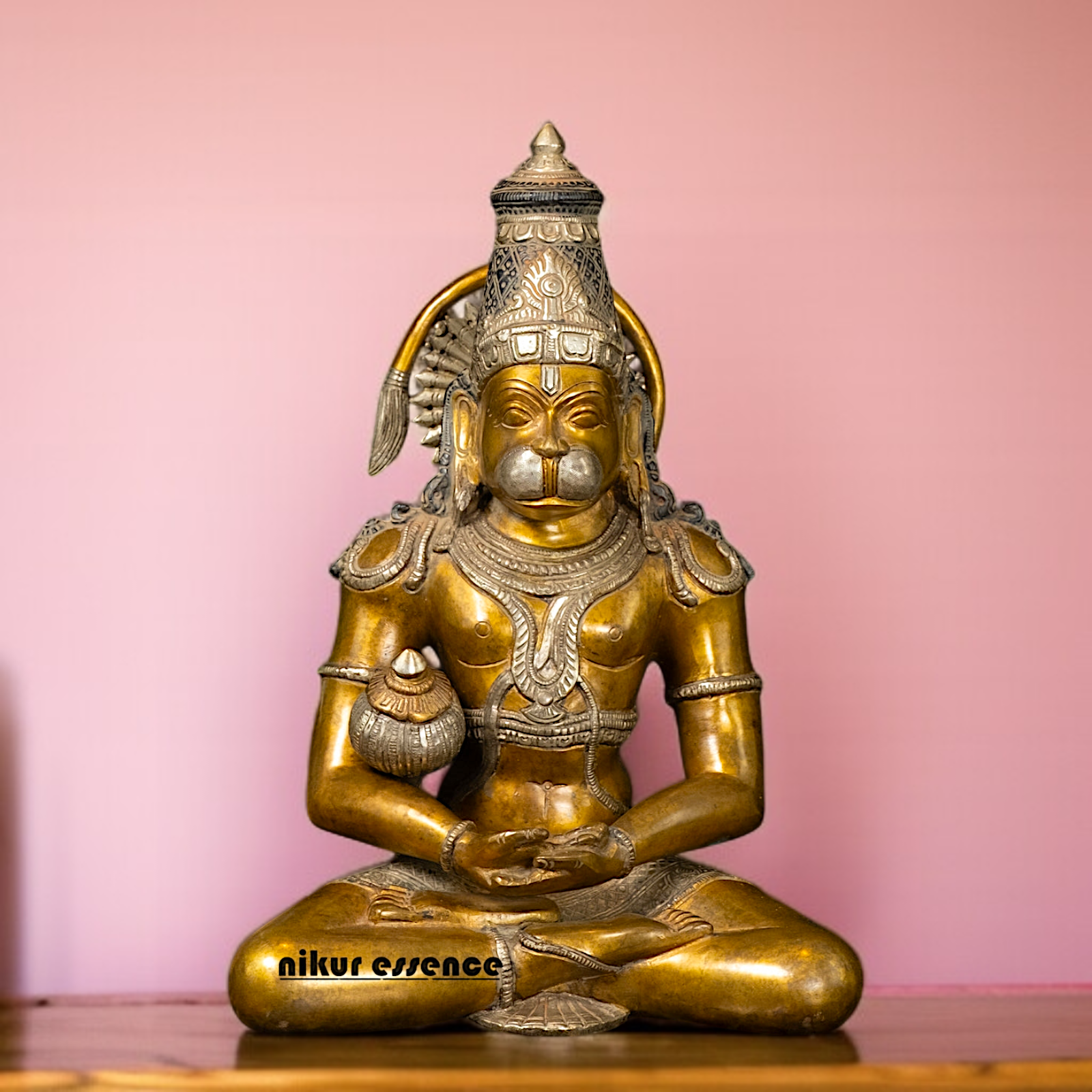 Pure Brass Hanuman Sitting with Dhyan mudra Gada statue - 13 Inches Nikuressence