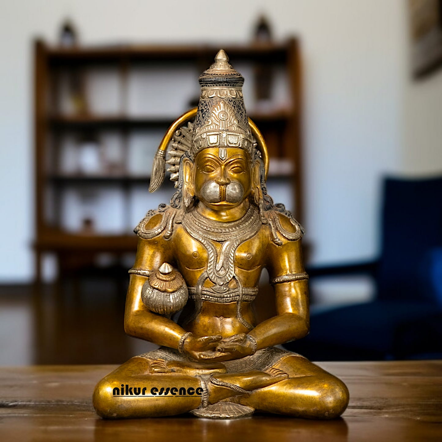 Pure Brass Hanuman Sitting with Dhyan mudra Gada statue - 13 Inches Nikuressence