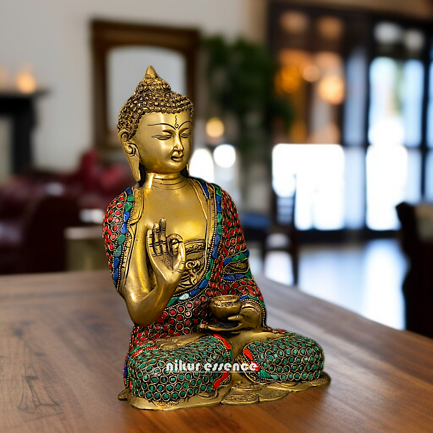 Brass Buddha Sitting with Blessing stone work - 11.5 Inches Nikuressence