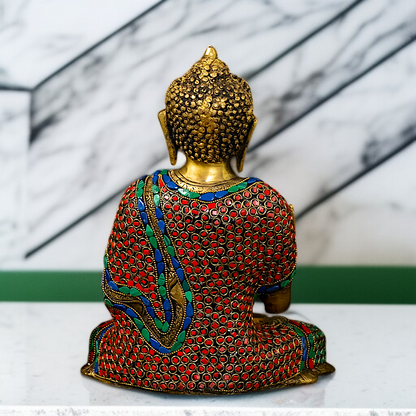 Brass Buddha Sitting with Blessing stone work - 11.5 Inches Nikuressence