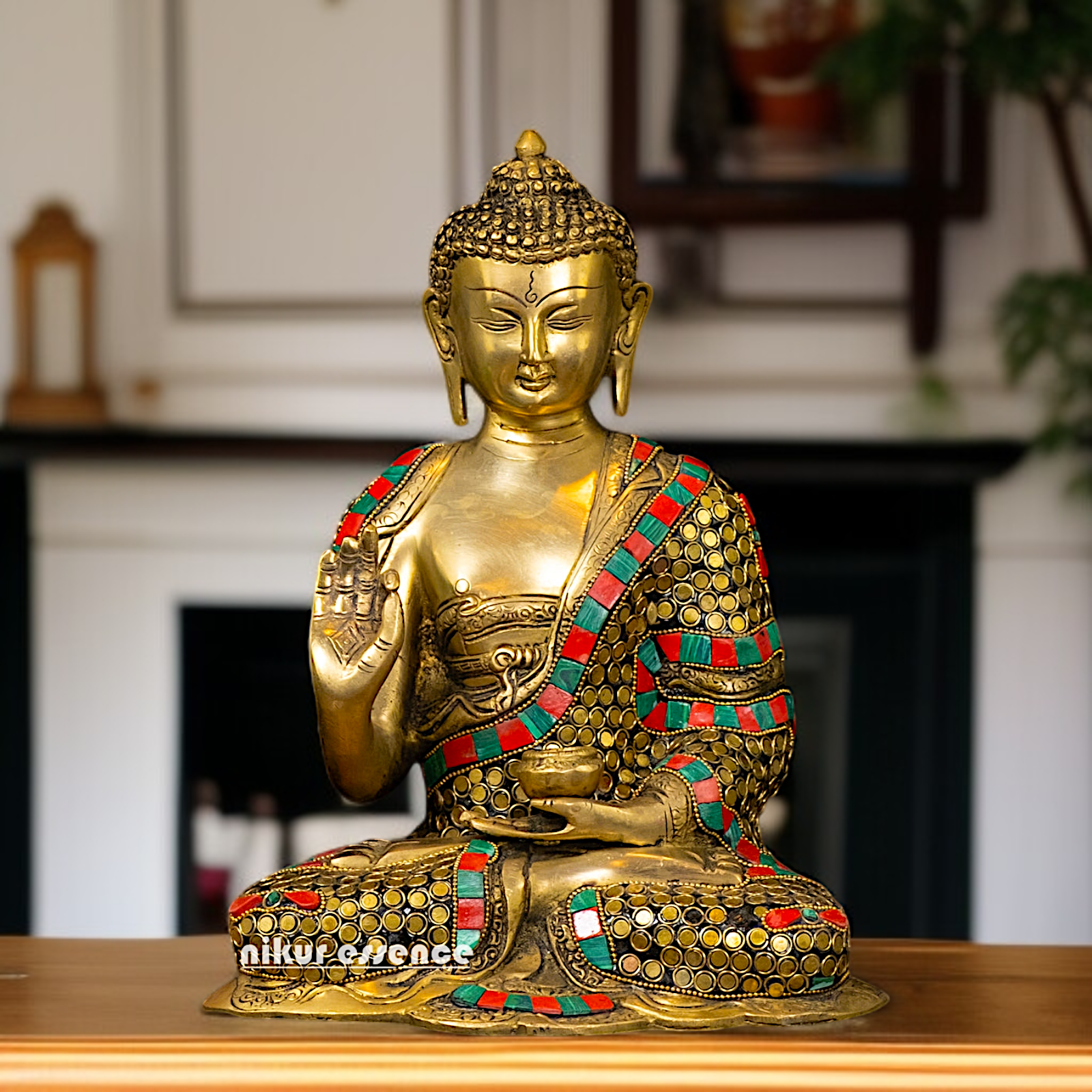 Buy Buddha Blessing Brass with stone work idol - 11.5 Inches Nikuressence