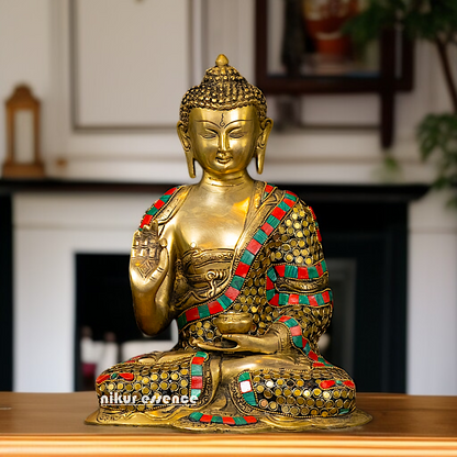 Buy Buddha Blessing Brass with stone work idol - 11.5 Inches Nikuressence