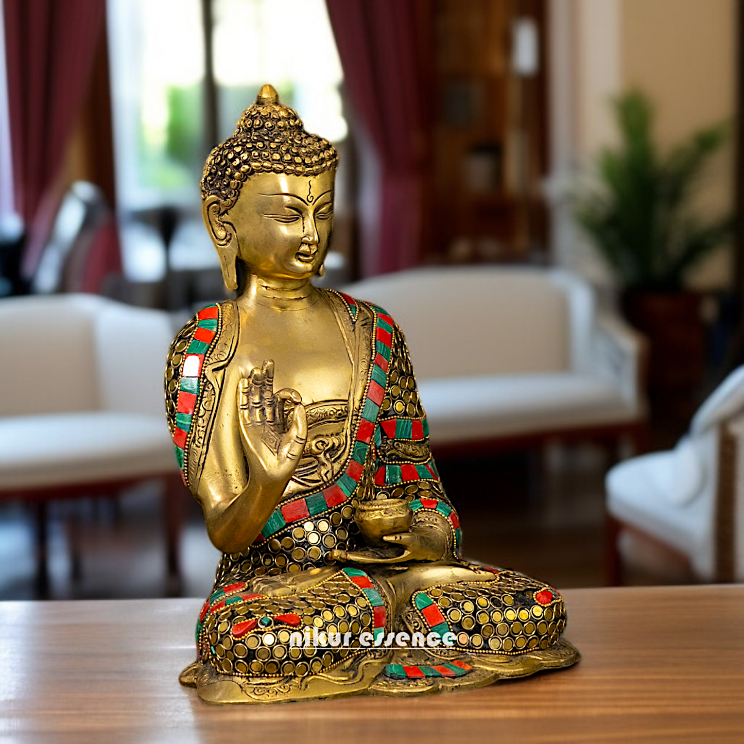 Buy Buddha Blessing Brass with stone work idol - 11.5 Inches Nikuressence