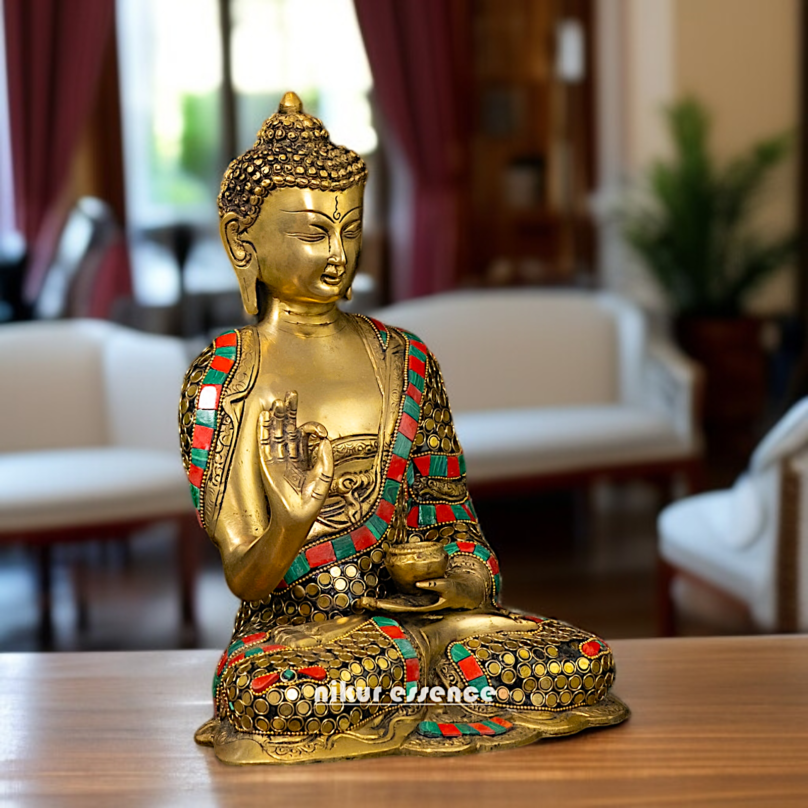 Buy Buddha Blessing Brass with stone work idol - 11.5 Inches Nikuressence