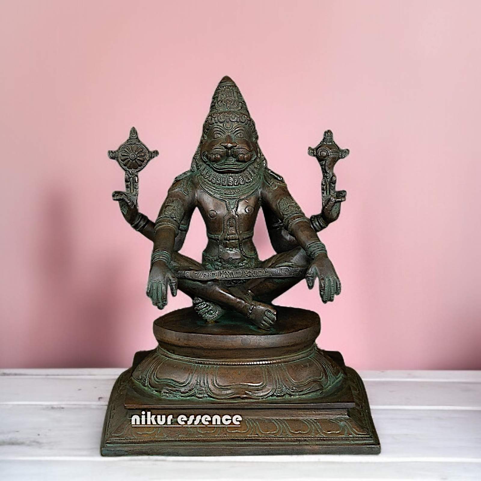 Vishnu Narasimha Seated on throne Brass idol - 10 inches Nikuressence