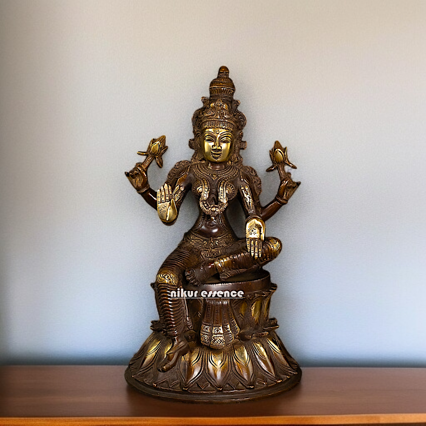 Brass Lakshmi Blessing seated with Four hand statue - 14 Inches Nikuressence