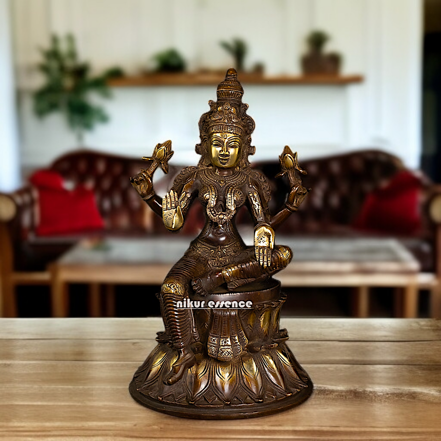 Brass Lakshmi Blessing seated with Four hand statue - 14 Inches Nikuressence