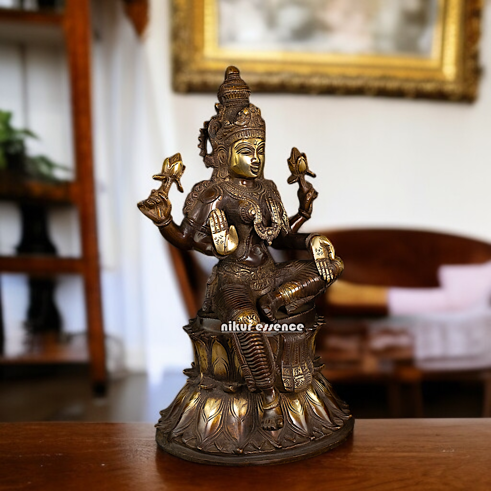 Brass Lakshmi Blessing seated with Four hand statue - 14 Inches Nikuressence