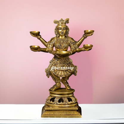 Goddess Deepa Lakshmi standing with Five Diya lamp four Armed Brass idol - 14 Inches Nikuressence