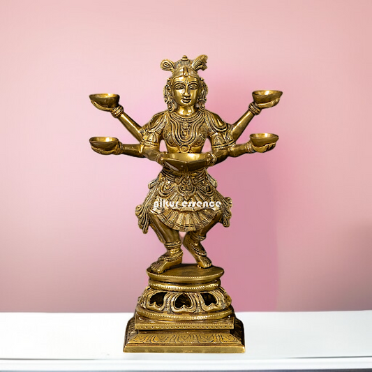 Goddess Deepa Lakshmi standing with Five Diya lamp four Armed Brass idol - 14 Inches Nikuressence