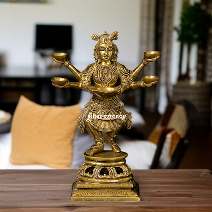 Goddess Deepa Lakshmi standing with Five Diya lamp four Armed Brass idol - 14 Inches Nikuressence