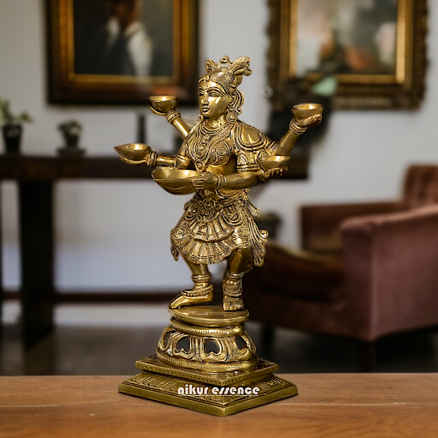 Goddess Deepa Lakshmi standing with Five Diya lamp four Armed Brass idol - 14 Inches Nikuressence