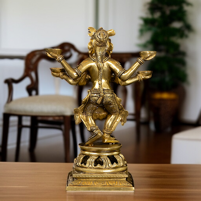 Goddess Deepa Lakshmi standing with Five Diya lamp four Armed Brass idol - 14 Inches Nikuressence