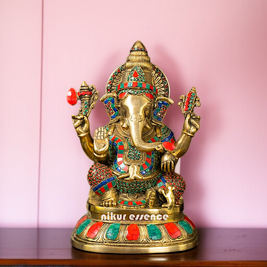 Ganpati Ganesha Four Armed With stone work Brass idol - 15 Inches Nikuressence