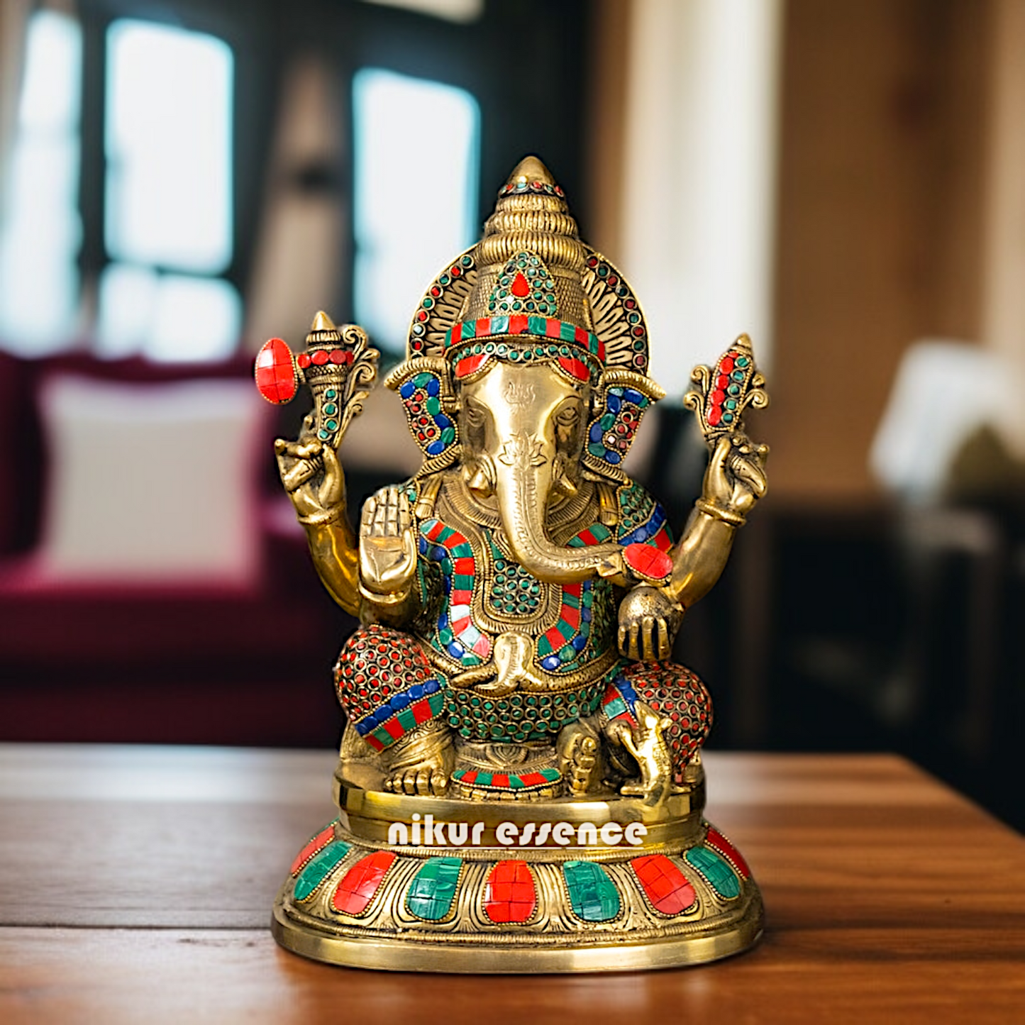 Ganpati Ganesha Four Armed With stone work Brass idol - 15 Inches Nikuressence