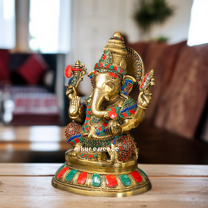 Ganpati Ganesha Four Armed With stone work Brass idol - 15 Inches Nikuressence