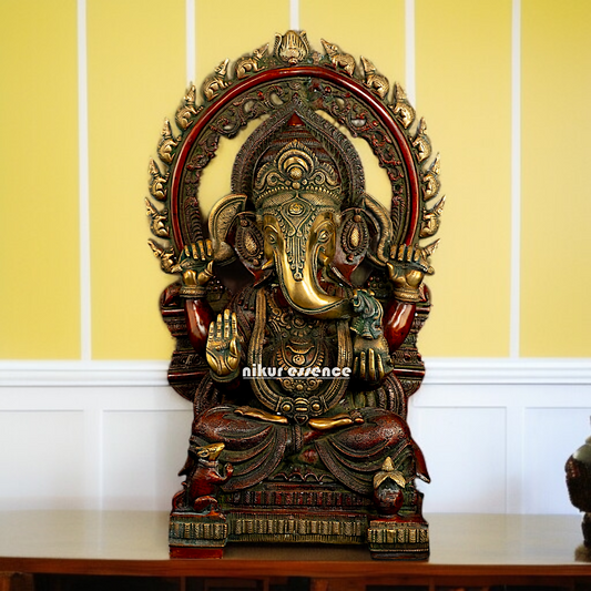 Large Ganesha Sitting on singhasan Brass idol - 21 Inches Nikuressence