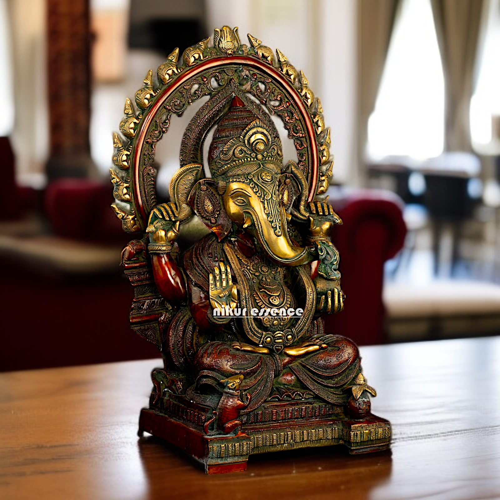 Large Ganesha Sitting on singhasan Brass idol - 21 Inches Nikuressence