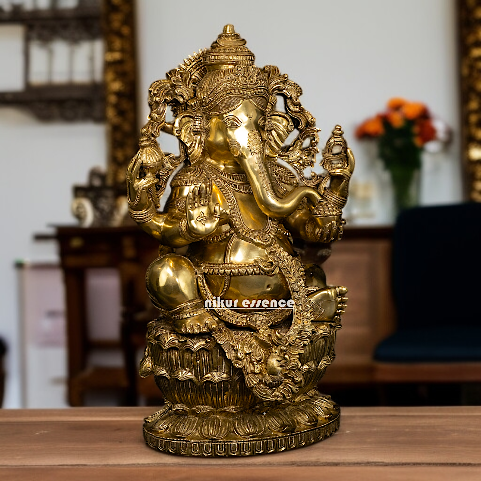 Pure Brass Ganesha Sitting on Lotus with Four Armed statue - 26 Inches Nikuressence