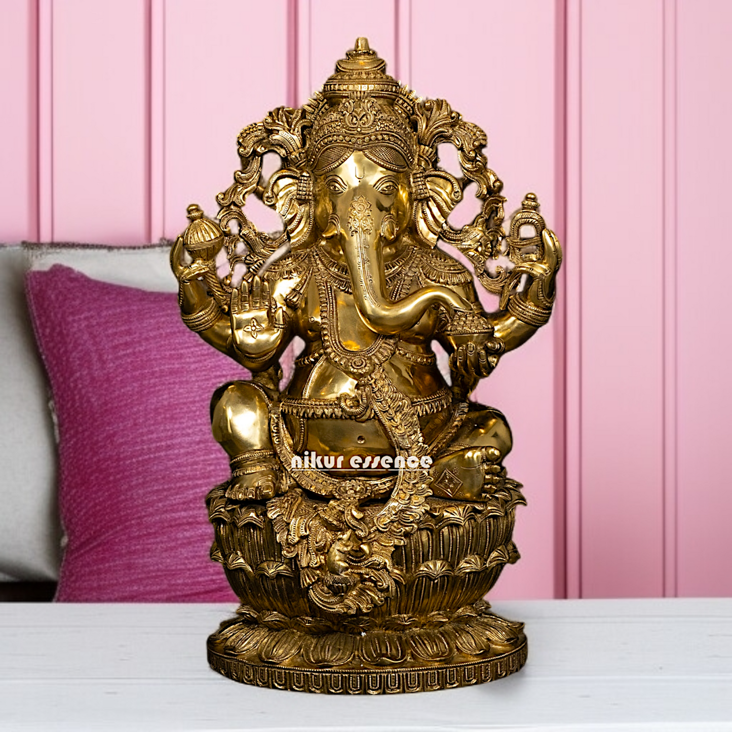 Pure Brass Ganesha Sitting on Lotus with Four Armed statue - 26 Inches Nikuressence