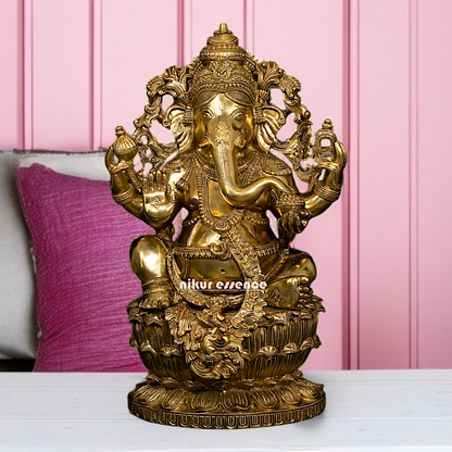 Pure Brass Ganesha Sitting on Lotus with Four Armed statue - 26 Inches Nikuressence