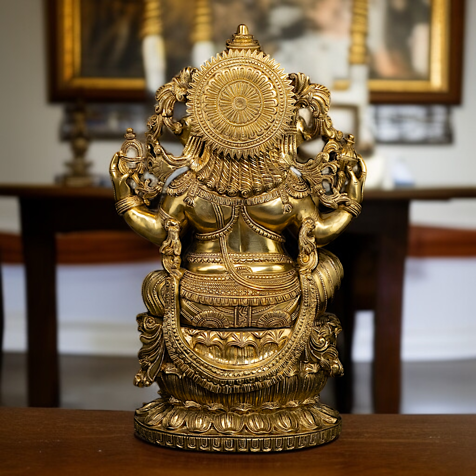 Pure Brass Ganesha Sitting on Lotus with Four Armed statue - 26 Inches Nikuressence
