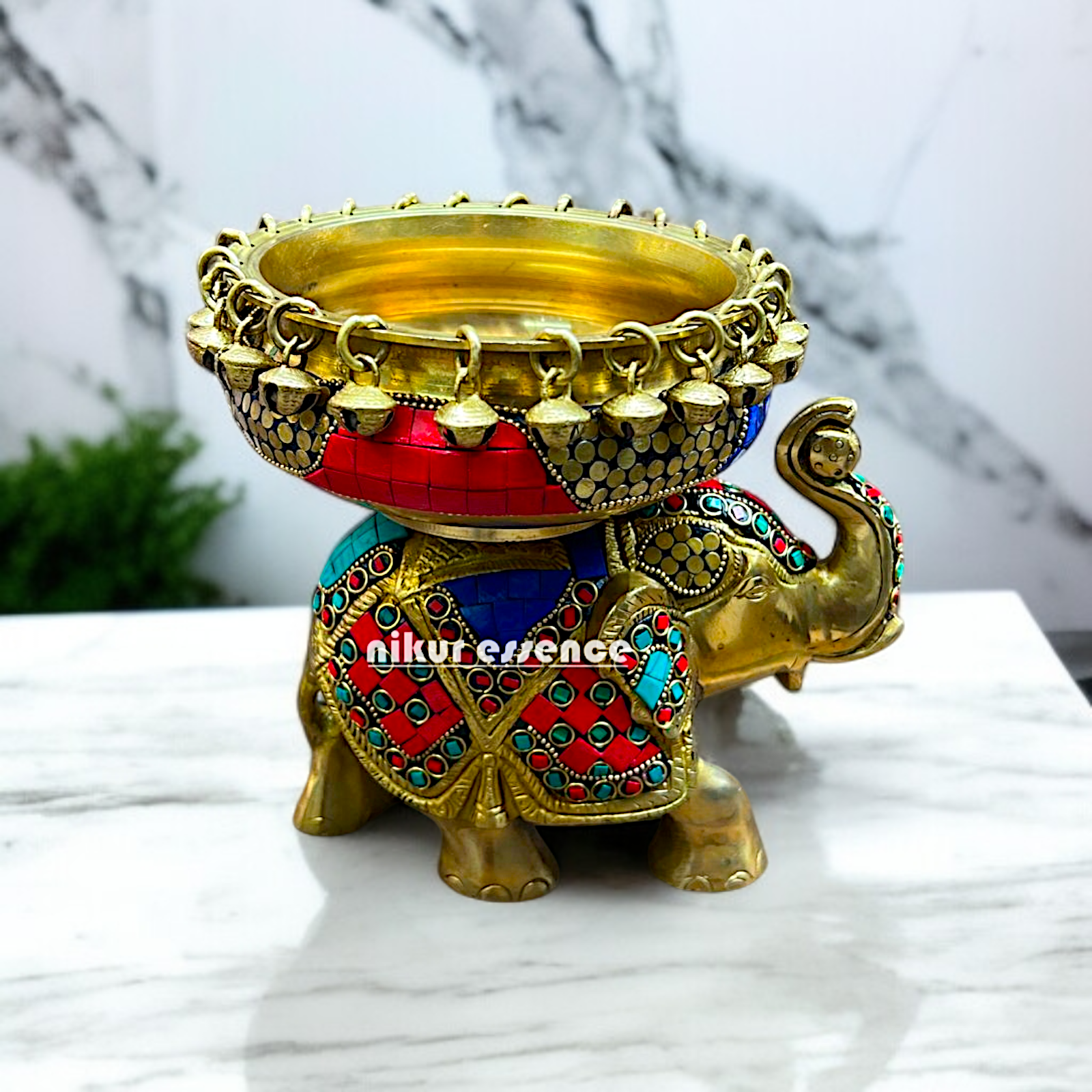 Brass Elephant Urli Bowl with stone work - 7.5 Inches Nikuressence