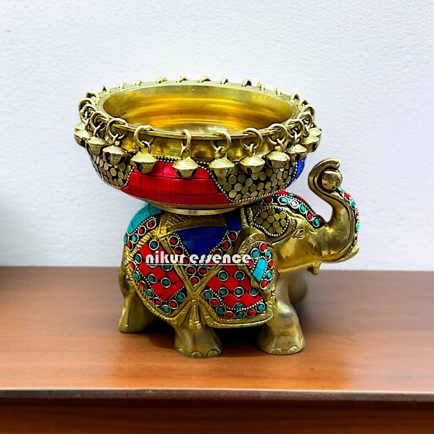Brass Elephant Urli Bowl with stone work - 7.5 Inches Nikuressence